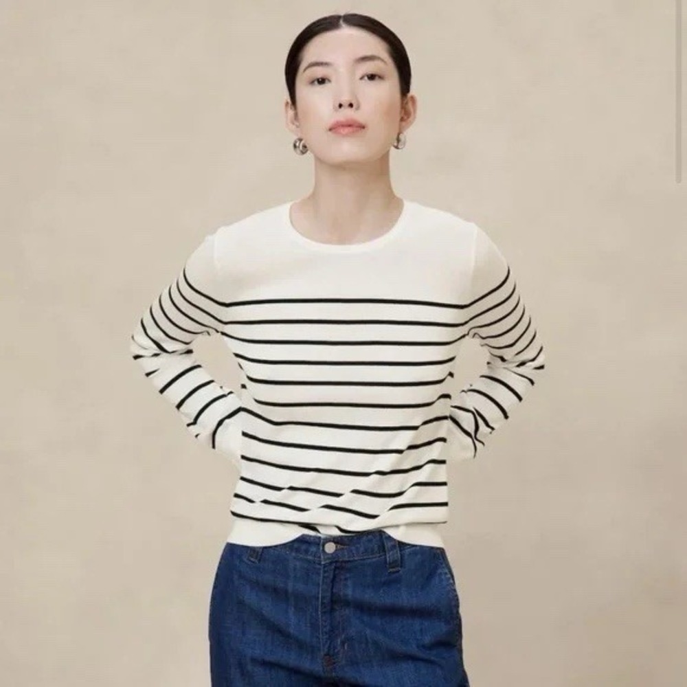 Banana Republic Forever Striped Sweater Womens Size XS White Black Cotton Crew - Picture 1 of 10